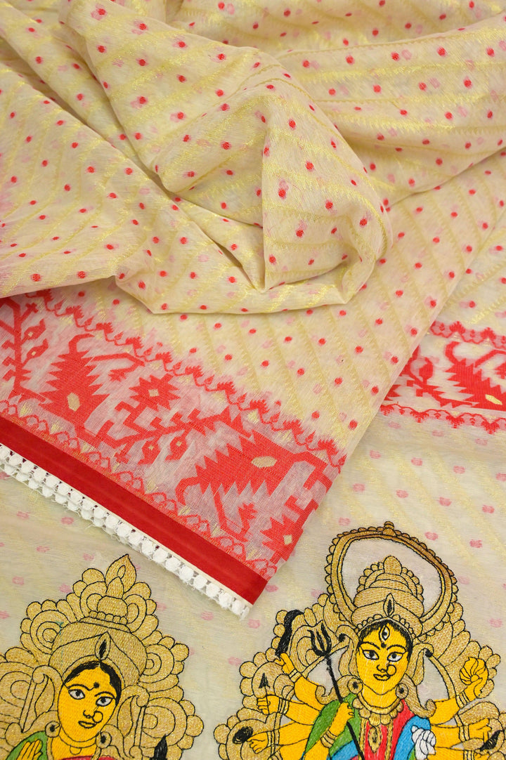 Cream and Red Color Durga Jamdani Saree with Embroidery and Lace Work