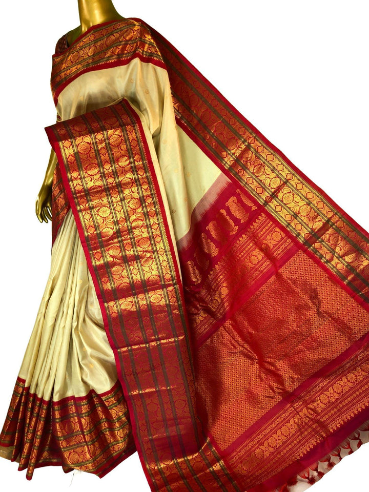 Cream and Red Color Gadwal Silk Saree with Golden Buti Work