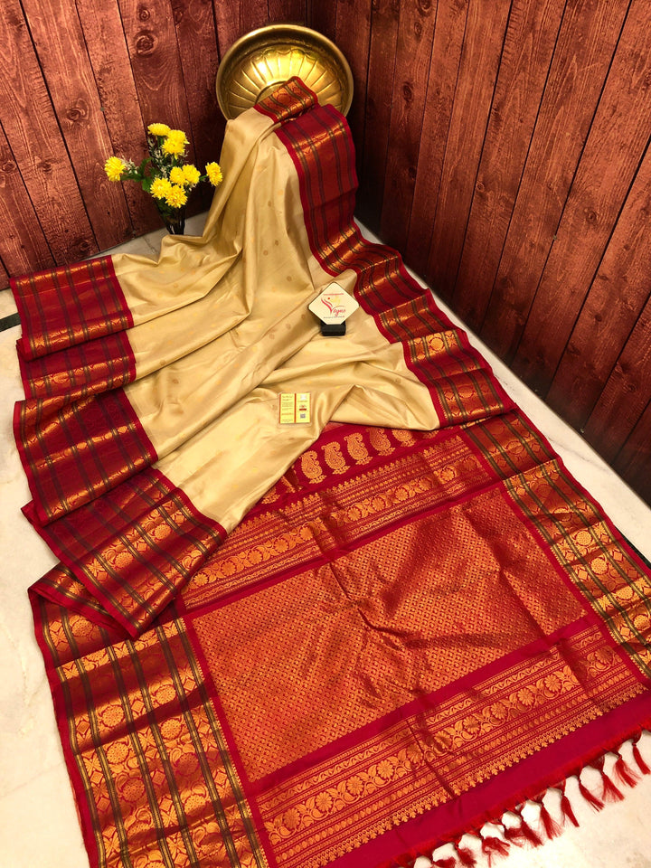 Cream and Red Color Gadwal Silk Saree with Golden Buti Work