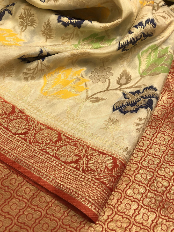 Cream and Red Color Muga Banarasi Silk Saree