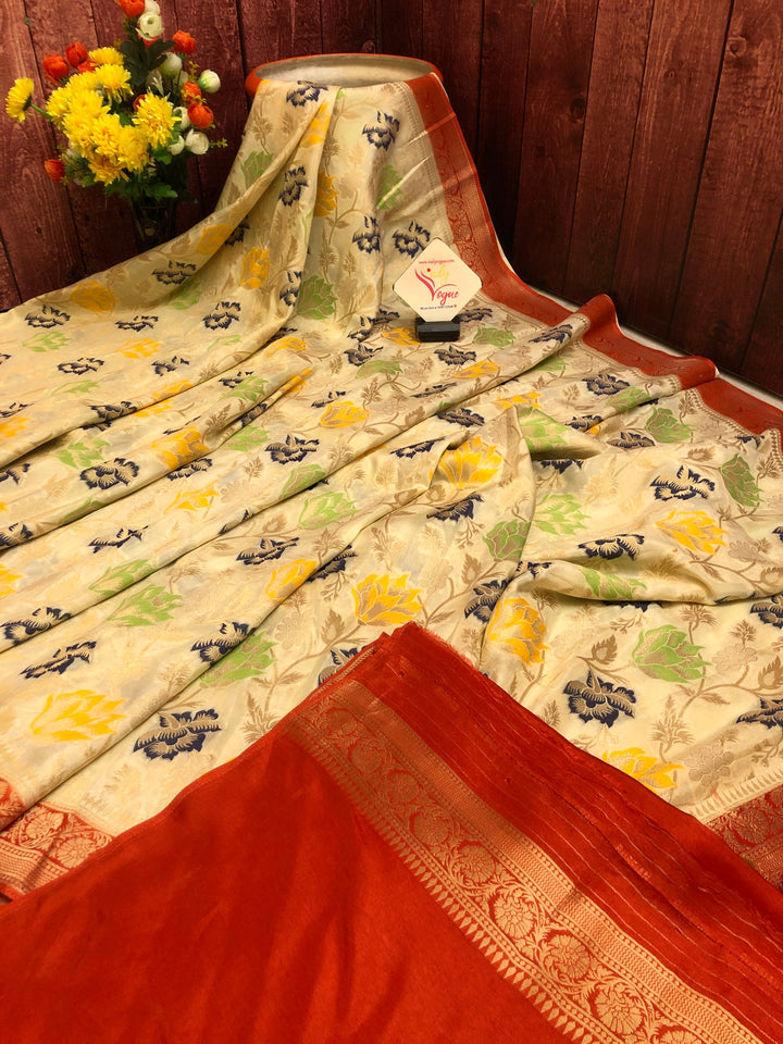 Cream and Red Color Muga Banarasi Silk Saree