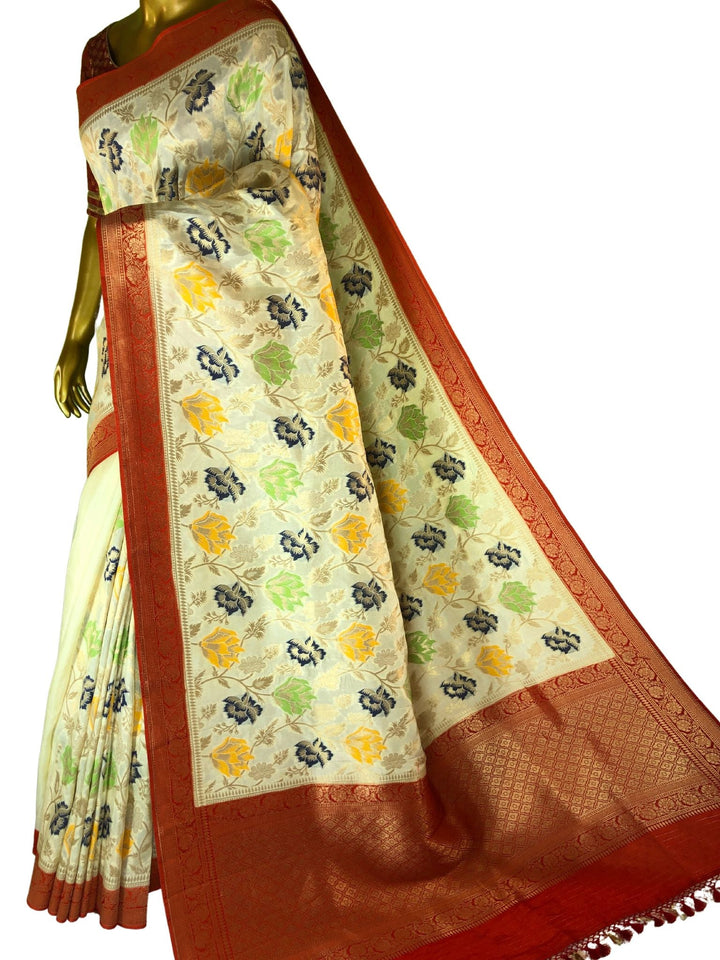 Cream and Red Color Muga Banarasi Silk Saree