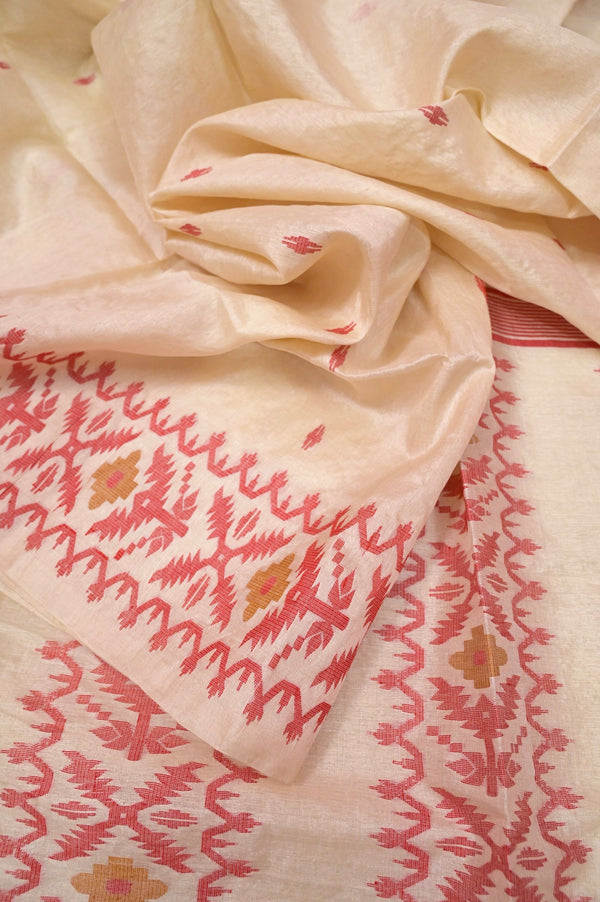 Cream and Red Color Tantuja Tussar Jamdani Saree
