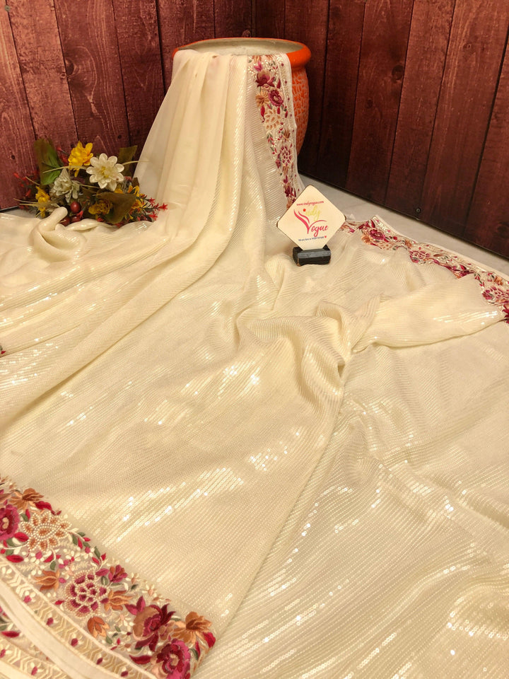 Cream Color Designer Georgette Saree with Embroidery and Sequin Work