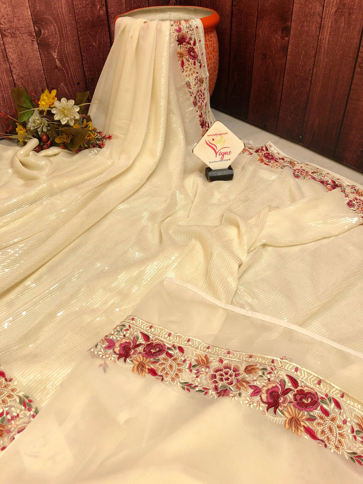 Cream Color Designer Georgette Saree with Embroidery and Sequin Work