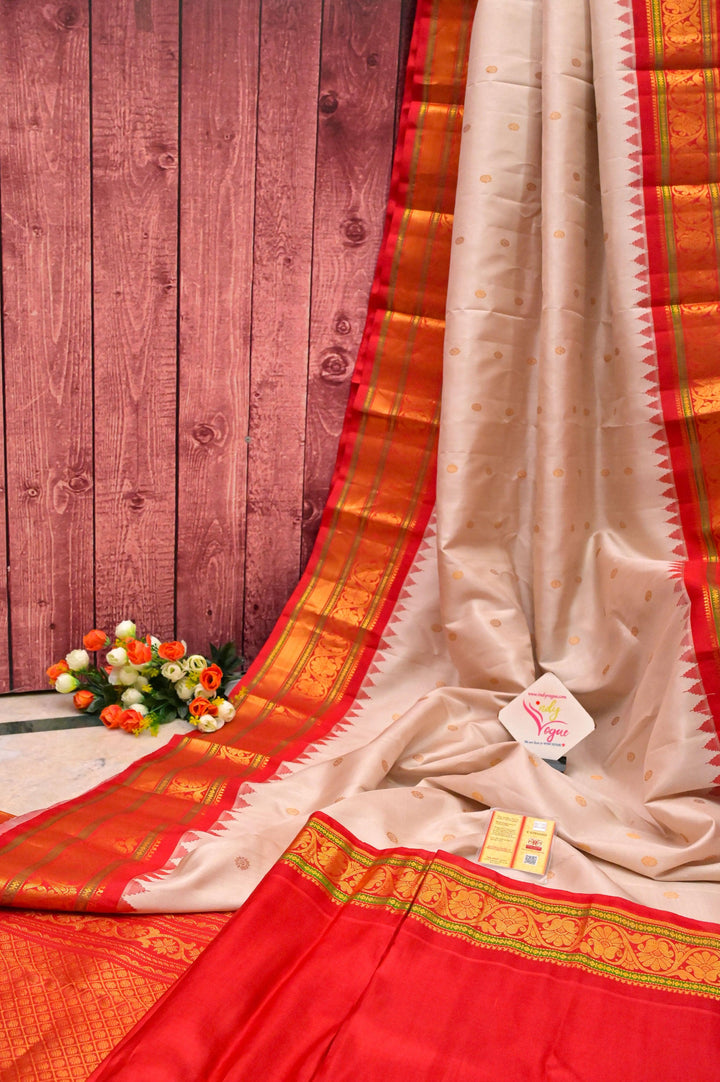Cream Offwhite Color Pure Gadwal Silk Saree with Temple Border