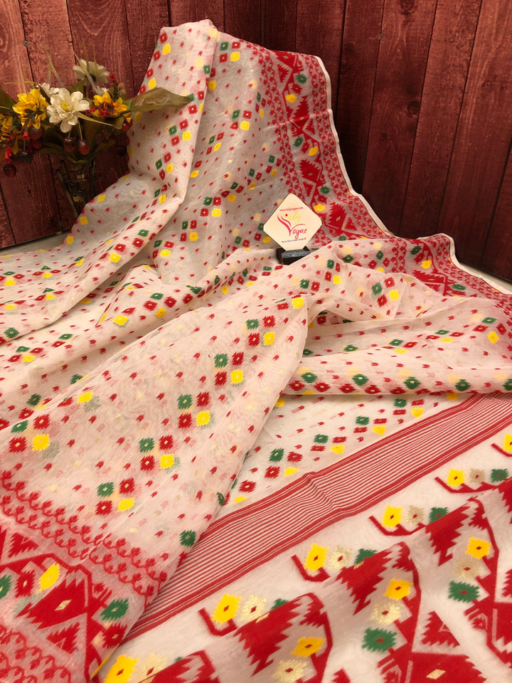 Cream White and Red Color Jamdani Saree with Chanderi Silk Blouse Piece