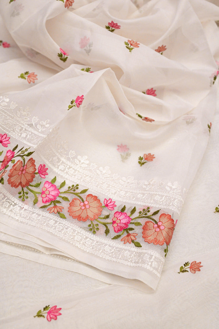Cream White Color Designer Kora Organza Saree with Embroidery and Chikankari