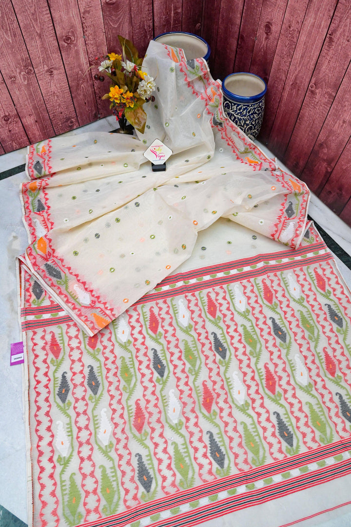 Cream White Color Jamdani Saree with Allover Jaal Work and Ikat Blouse Piece