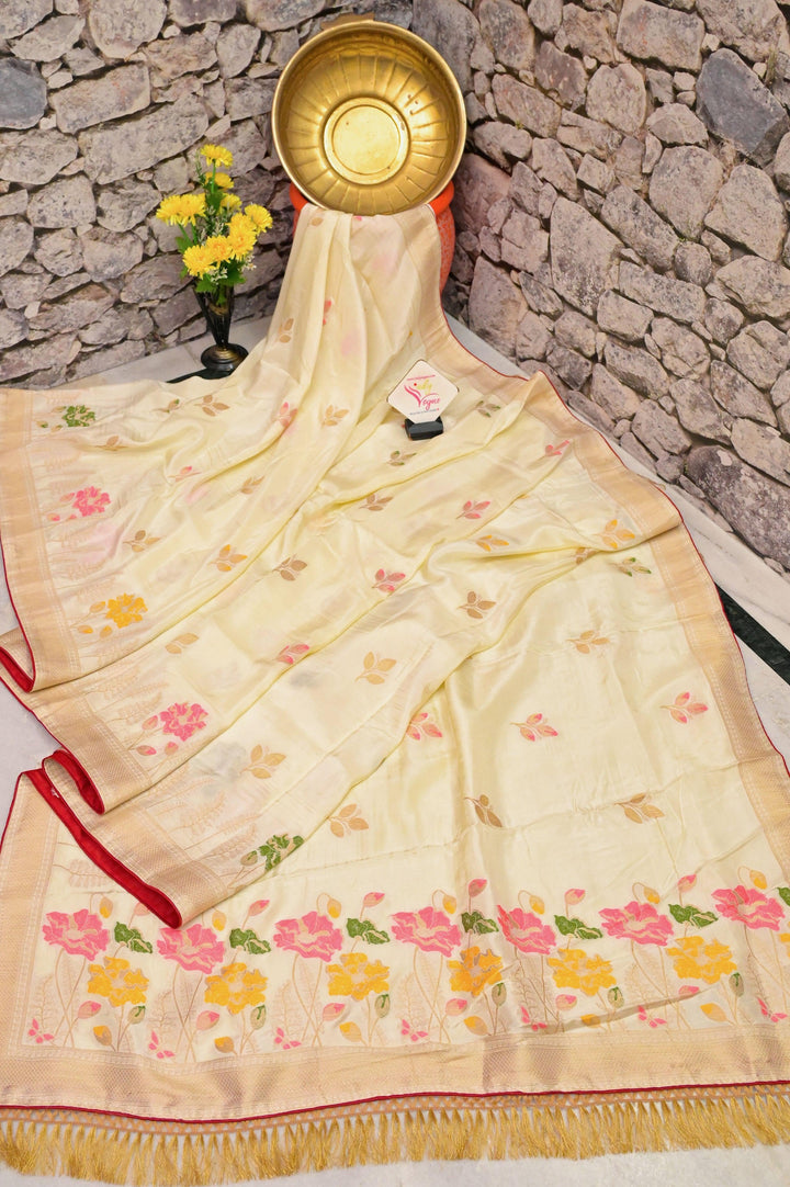 Cream White Color Muga Banarasi Saree with Meenakari Buta and Golden Zari Piping Border