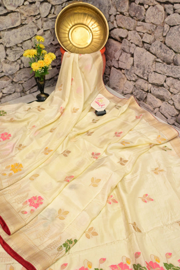 Cream White Color Muga Banarasi Saree with Meenakari Buta and Golden Zari Piping Border