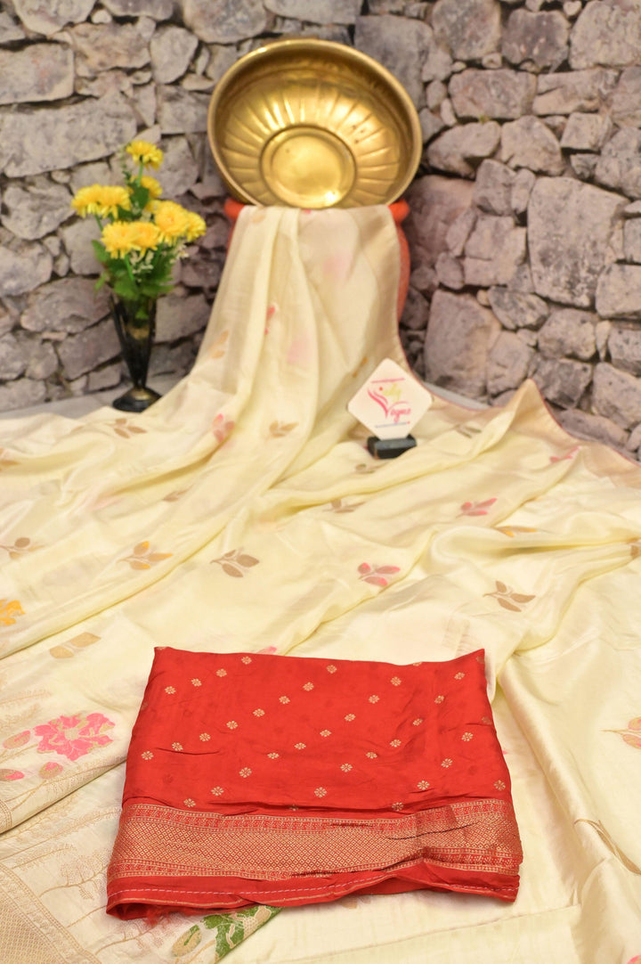 Cream White Color Muga Banarasi Saree with Meenakari Buta and Golden Zari Piping Border