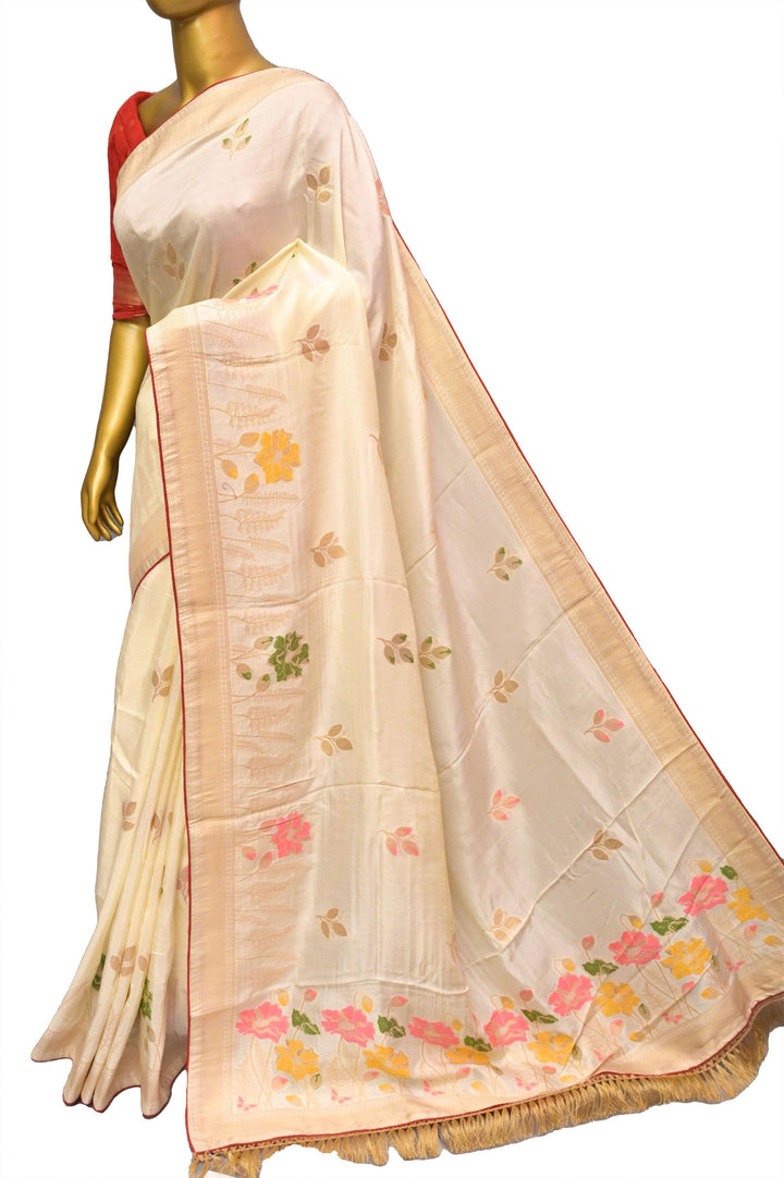 Cream White Color Muga Banarasi Saree with Meenakari Buta and Golden Zari Piping Border