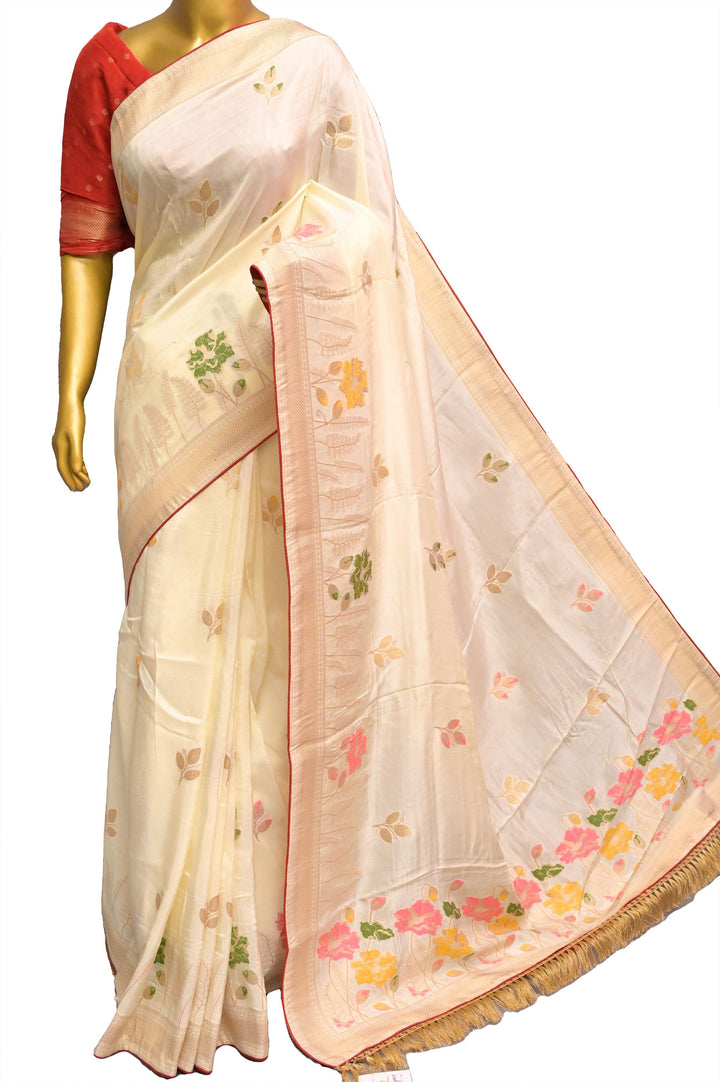 Cream White Color Muga Banarasi Saree with Meenakari Buta and Golden Zari Piping Border