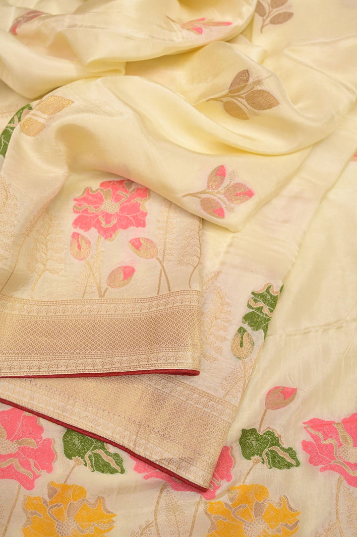 Cream White Color Muga Banarasi Saree with Meenakari Buta and Golden Zari Piping Border