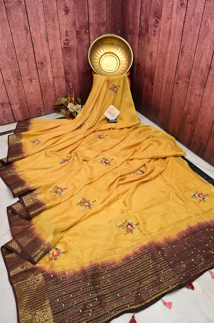 Cream Yellow Color Chinon Silk Banarasi with Bullion Hand Embroidery & Sequins