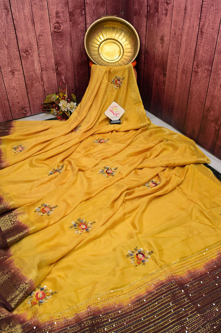 Cream Yellow Color Chinon Silk Banarasi with Bullion Hand Embroidery & Sequins