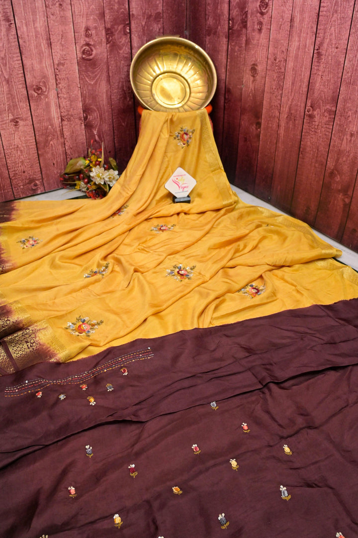 Cream Yellow Color Chinon Silk Banarasi with Bullion Hand Embroidery & Sequins