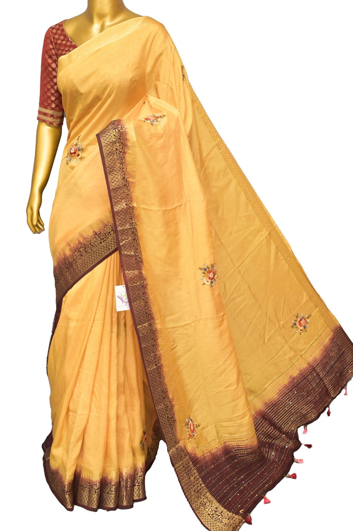 Cream Yellow Color Chinon Silk Banarasi with Bullion Hand Embroidery & Sequins