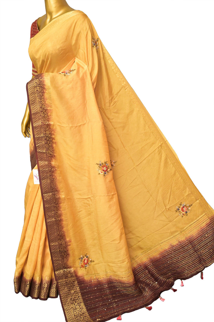Cream Yellow Color Chinon Silk Banarasi with Bullion Hand Embroidery & Sequins