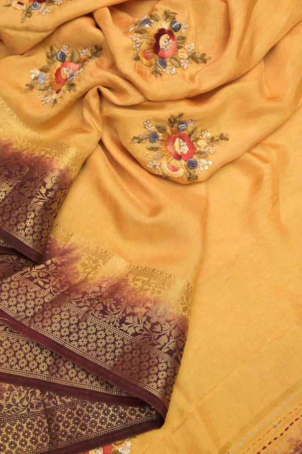 Cream Yellow Color Chinon Silk Banarasi with Bullion Hand Embroidery & Sequins