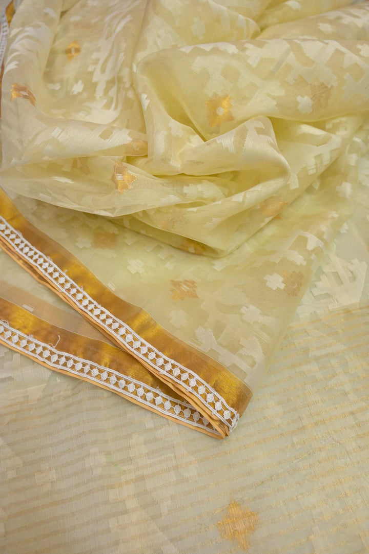 Cream Yellow Color Jamdani Saree with Zari and Lace Work