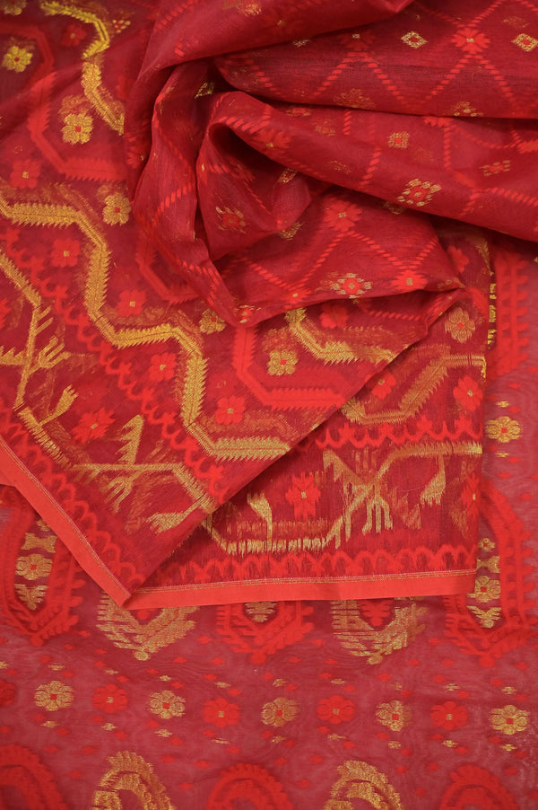 Crimson Red Color Jamdani Saree with Allover Weaving and Golden Zari Work