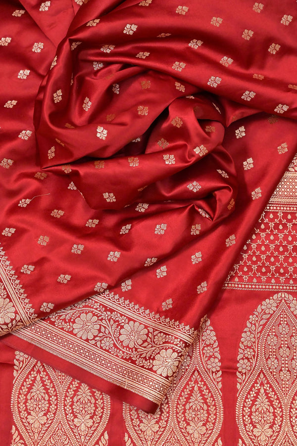 Crimson Red Color Semi Mashru Banarasi Silk Saree with Allover Golden Zari Butta Work