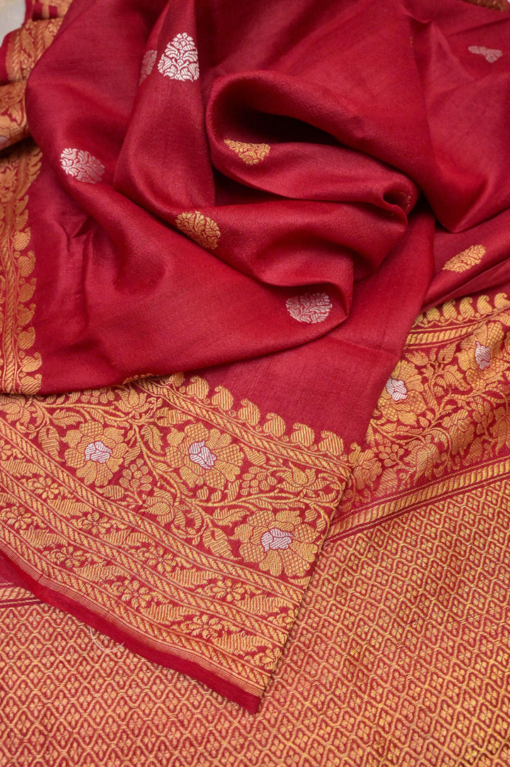 Crimson Red Color Tussar Georgette Banarasi Silk Saree with Meenakari Work