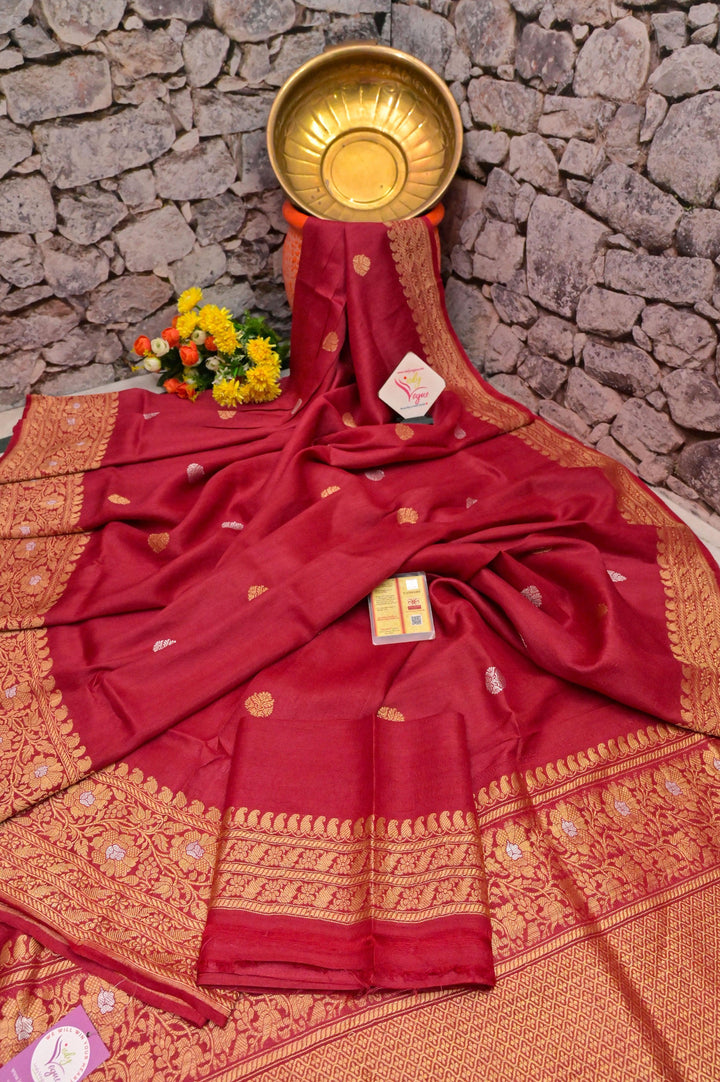 Crimson Red Color Tussar Georgette Banarasi Silk Saree with Meenakari Work