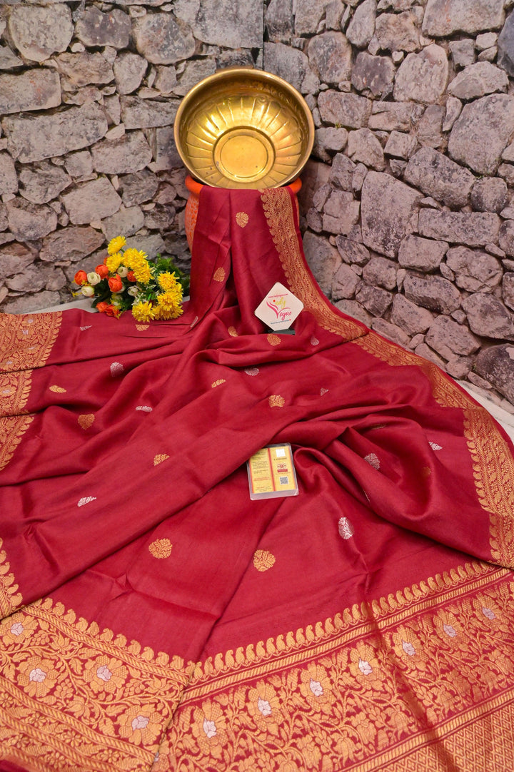Crimson Red Color Tussar Georgette Banarasi Silk Saree with Meenakari Work