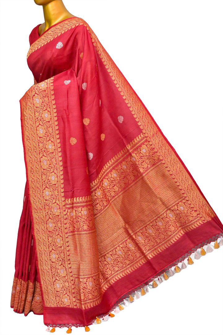 Crimson Red Color Tussar Georgette Banarasi Silk Saree with Meenakari Work
