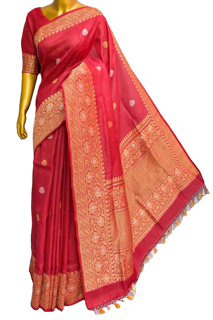 Crimson Red Color Tussar Georgette Banarasi Silk Saree with Meenakari Work