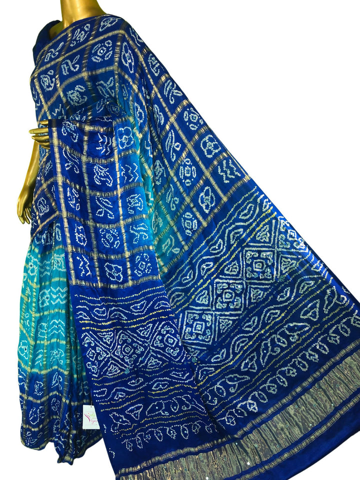 Cyan Blue Color Pure Ghazi Silk Gharchola Saree with Bandhani & Mirror Work