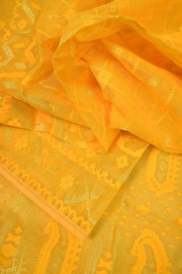 Cyber Yellow Color Jamdani Saree with Allover Jamdani Weaving and Zari Work