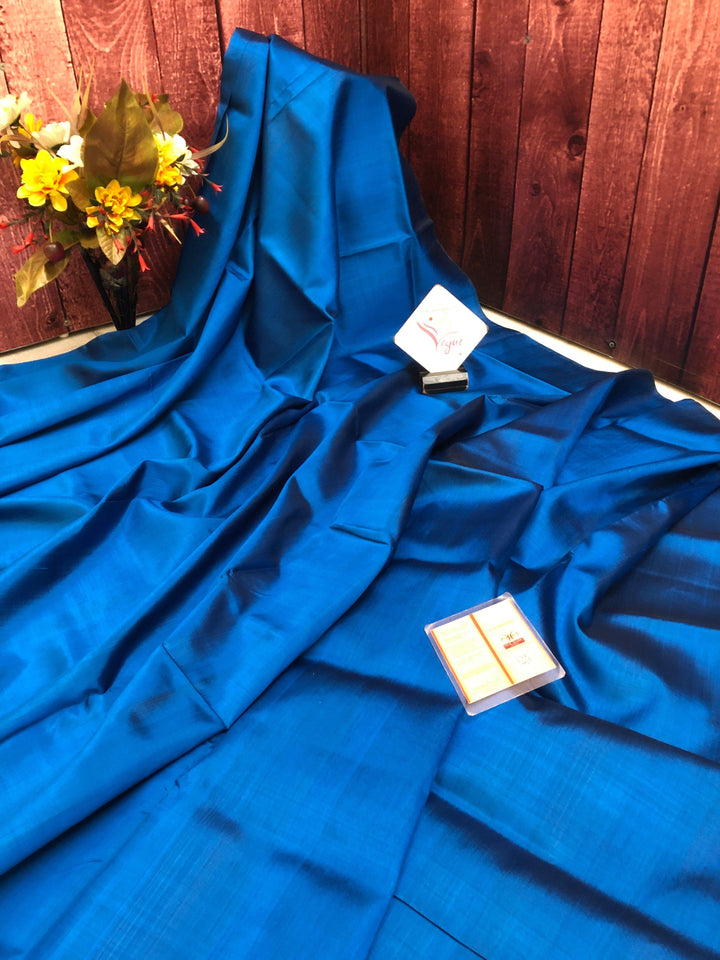 Dark Azure Blue Color Bishnupur Silk Saree with Hand Painted Kalamkari Blouse