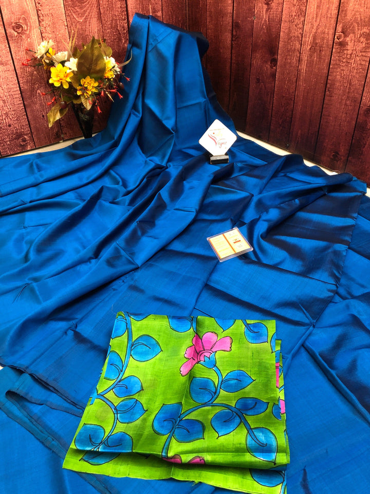 Dark Azure Blue Color Bishnupur Silk Saree with Hand Painted Kalamkari Blouse
