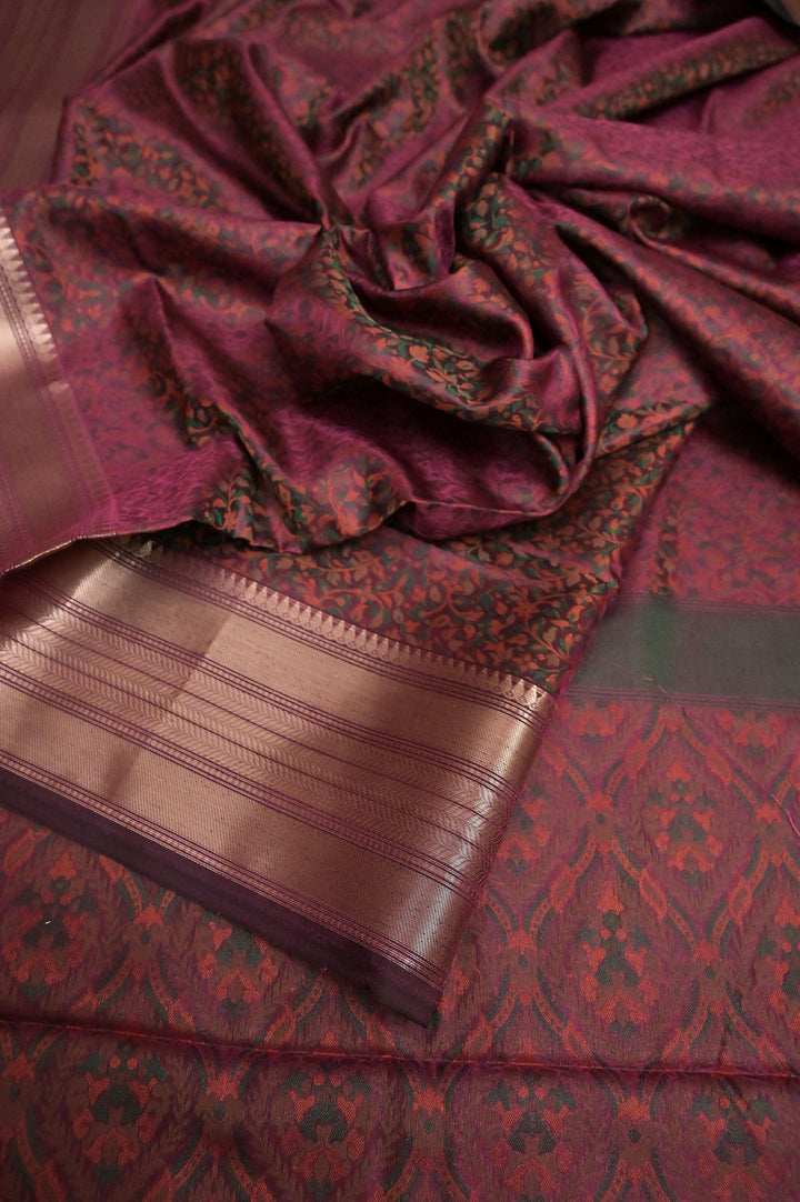 Dark Beetroot Color Tanchoi Banarasi Saree with Self Weaving Work