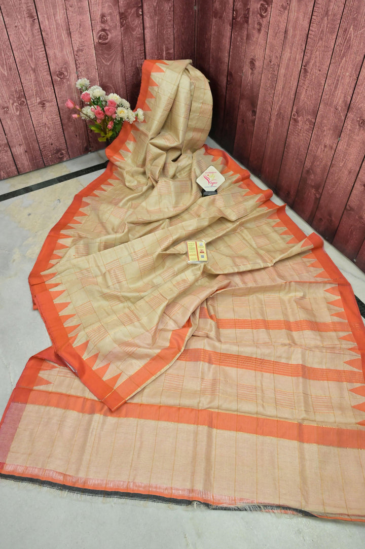Dark Beige Color Pure Tussar Silk Saree with Zari Check and Temple Border