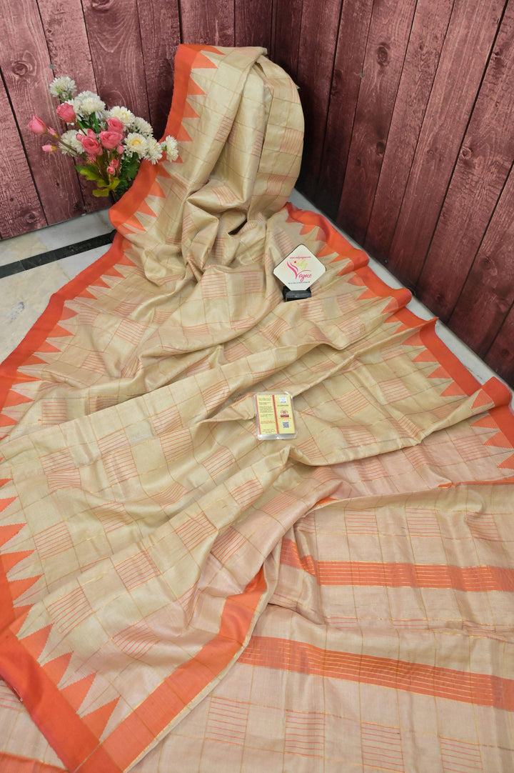 Dark Beige Color Pure Tussar Silk Saree with Zari Check and Temple Border