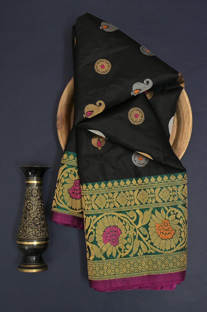 Dark Black Color Pure Gadwal Silk with Meenakari Buti and Golden & Silver Zari Work