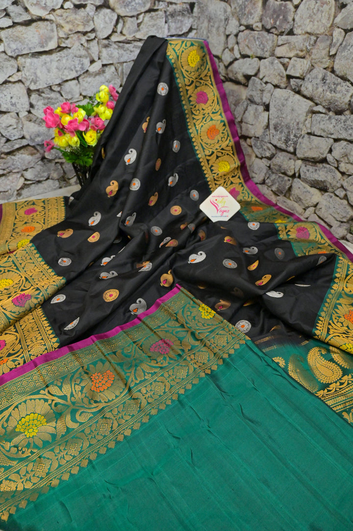 Dark Black Color Pure Gadwal Silk with Meenakari Buti and Golden & Silver Zari Work