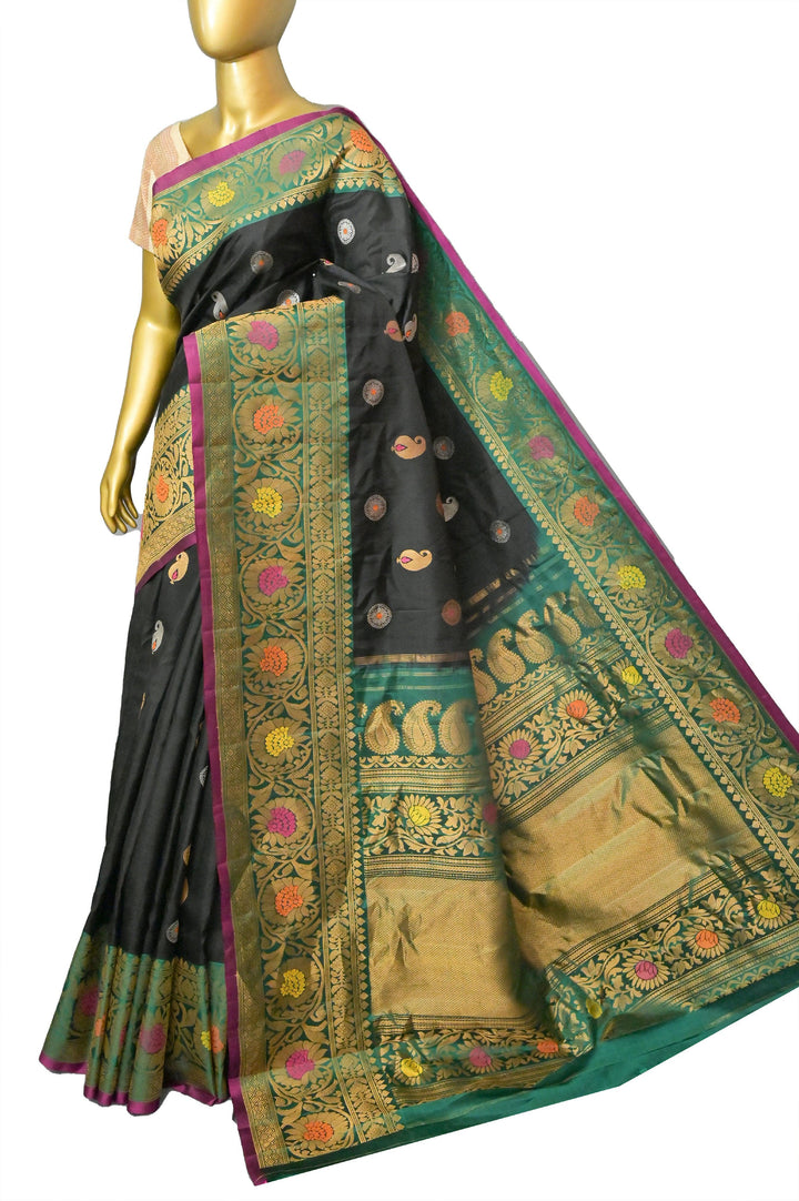 Dark Black Color Pure Gadwal Silk with Meenakari Buti and Golden & Silver Zari Work