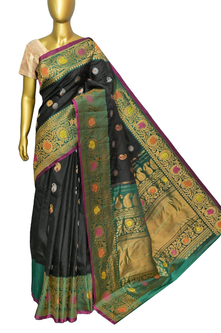 Dark Black Color Pure Gadwal Silk with Meenakari Buti and Golden & Silver Zari Work