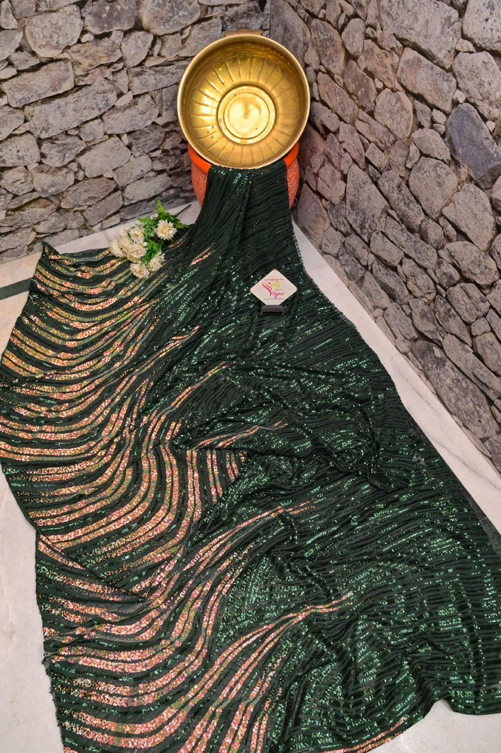 Dark Bottle Green Color Designer Net Saree with Sequin Work