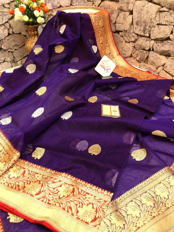 Dark Brinjal Color Pure Kora Organza Banarasi Silk Saree with Silver and Golden Zari Butta Work
