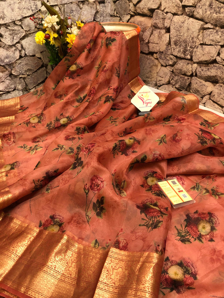 Dark Coral Orange Color Oragnza Saree with Floral Digital Print