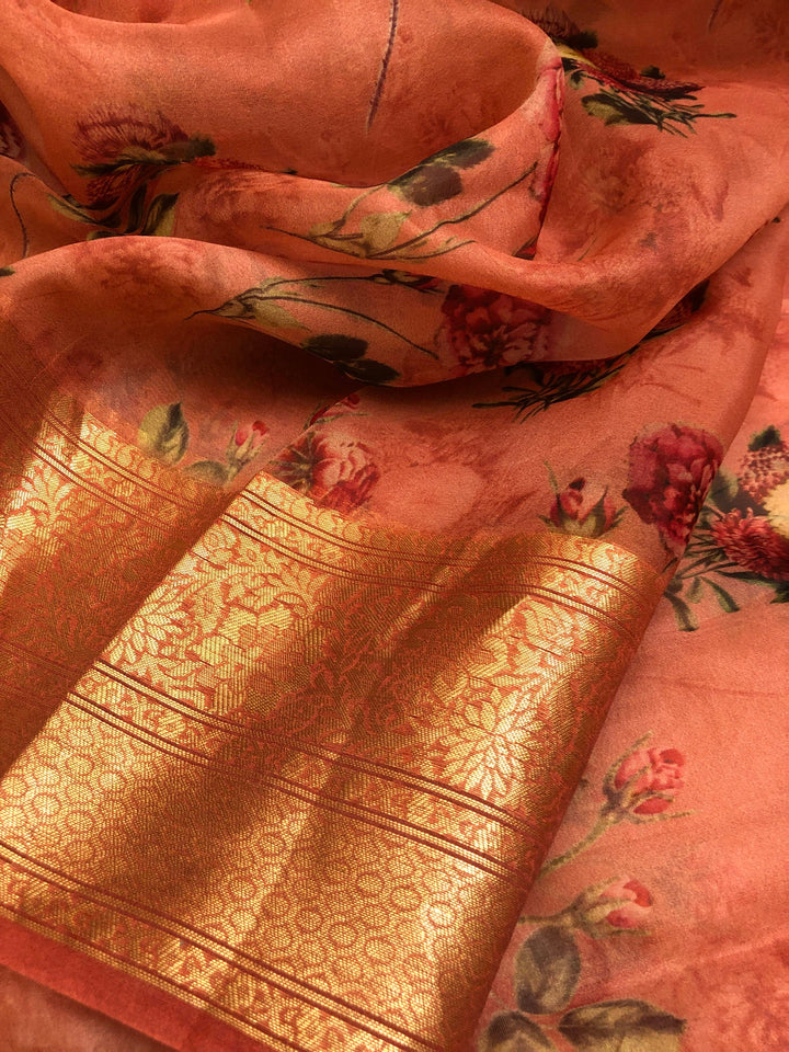 Dark Coral Orange Color Oragnza Saree with Floral Digital Print