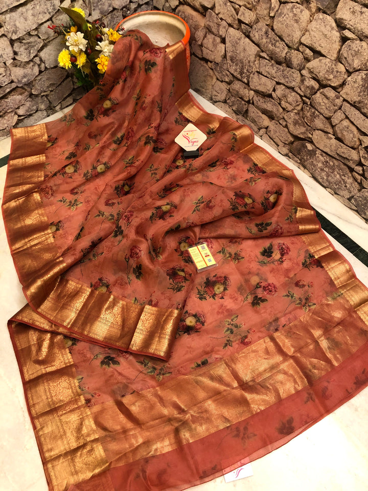 Dark Coral Orange Color Oragnza Saree with Floral Digital Print