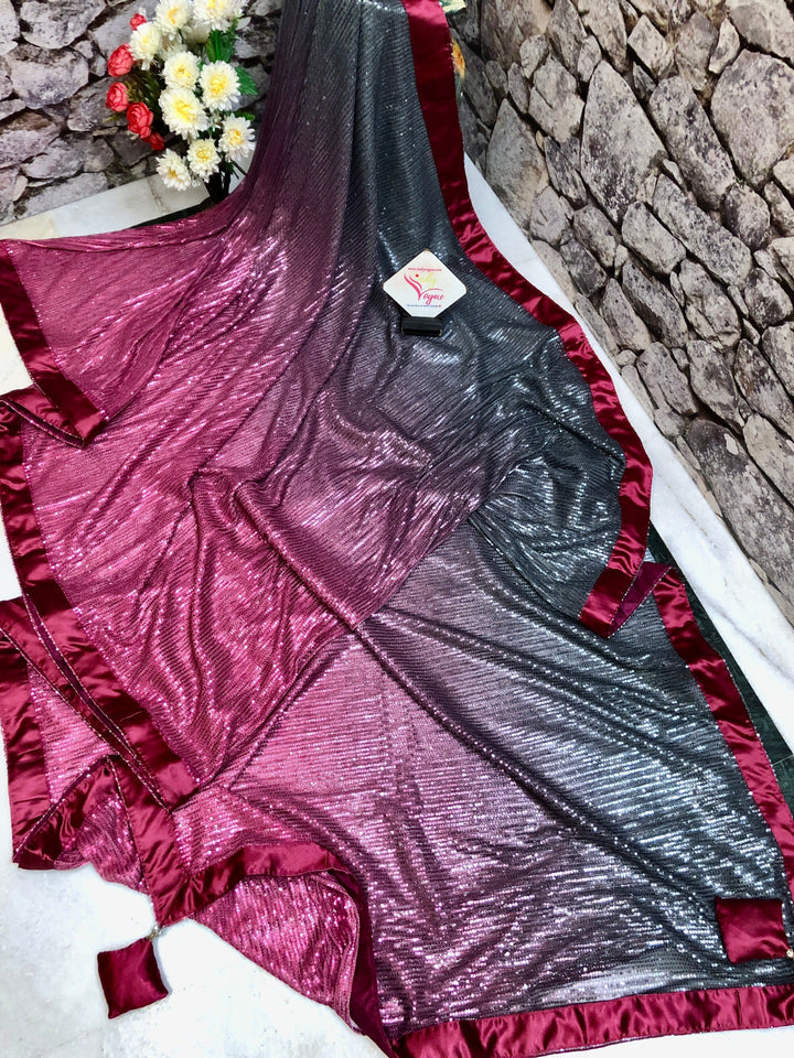 Dark Gray and Wine Color Two Shade Designer Net Saree with Sequin Weaving